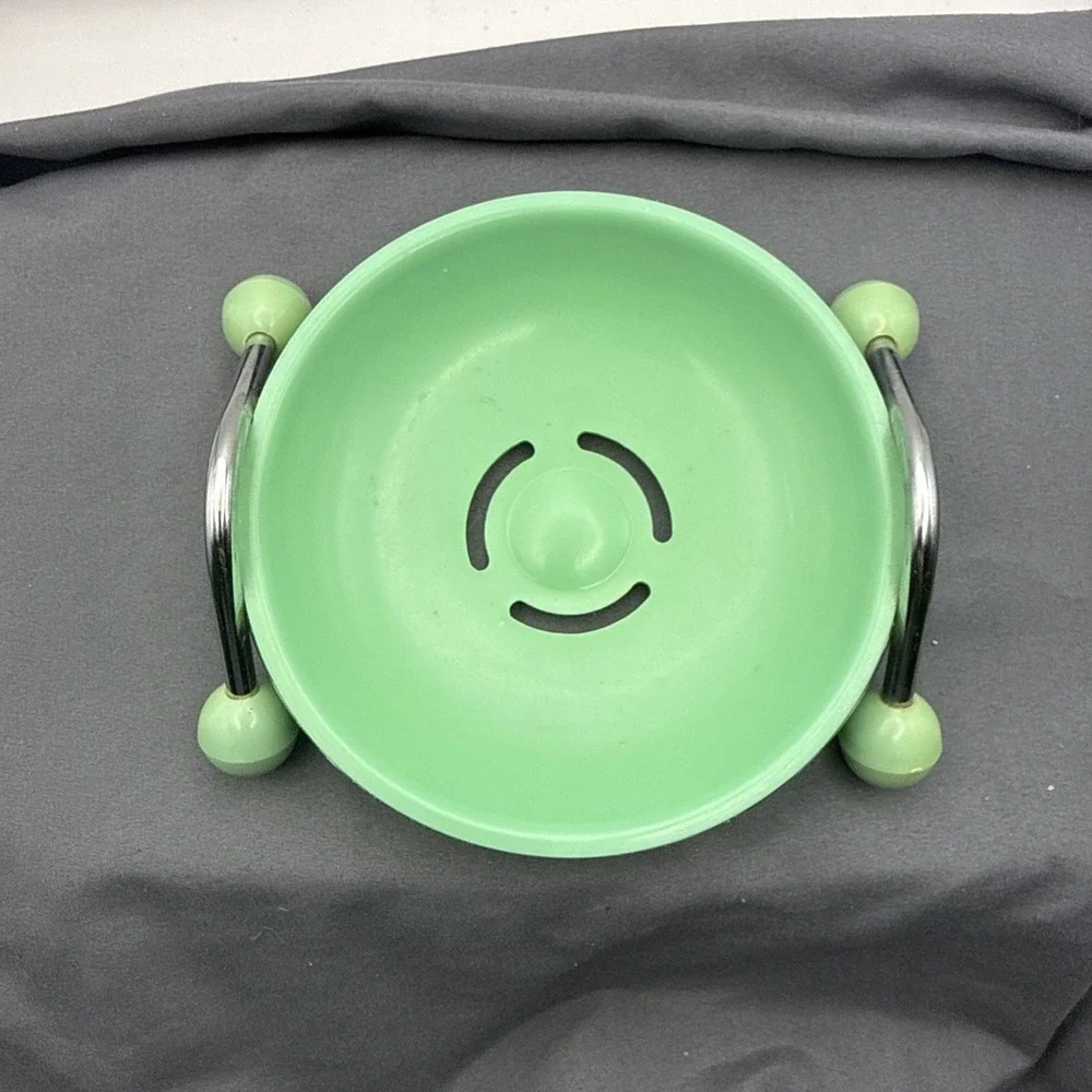 vintage green melamine Soap Dish Round With Metal Arms With Green Ball Feet